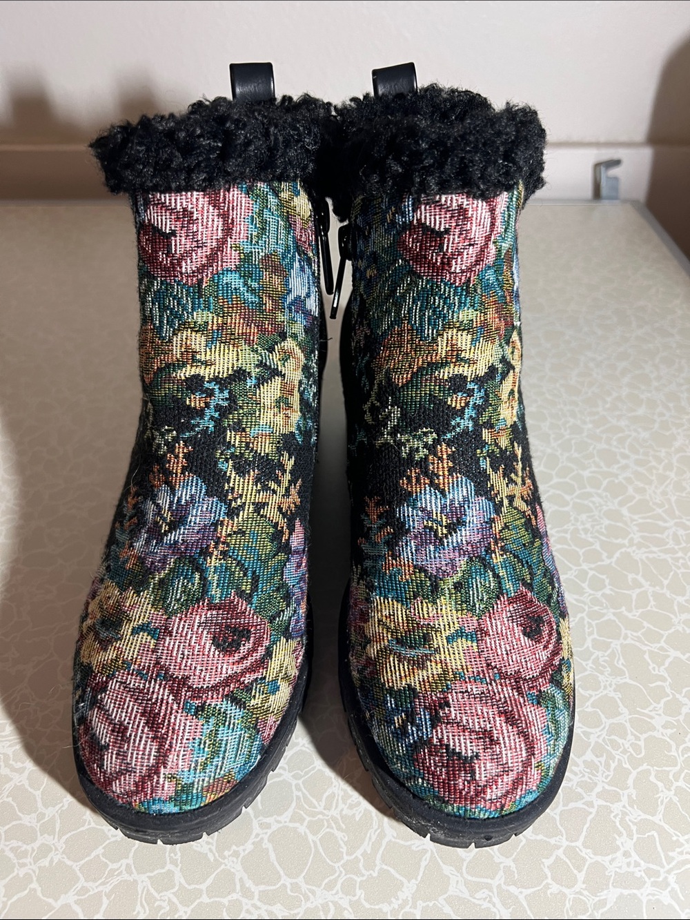 Muk Luks Floral Tapestry Ankle Boots with Faux Fur Trim